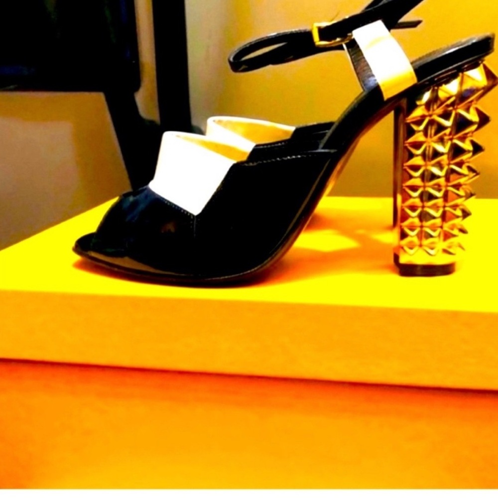 Classic FENDI Black and White Heels with Gold Geometric Heel